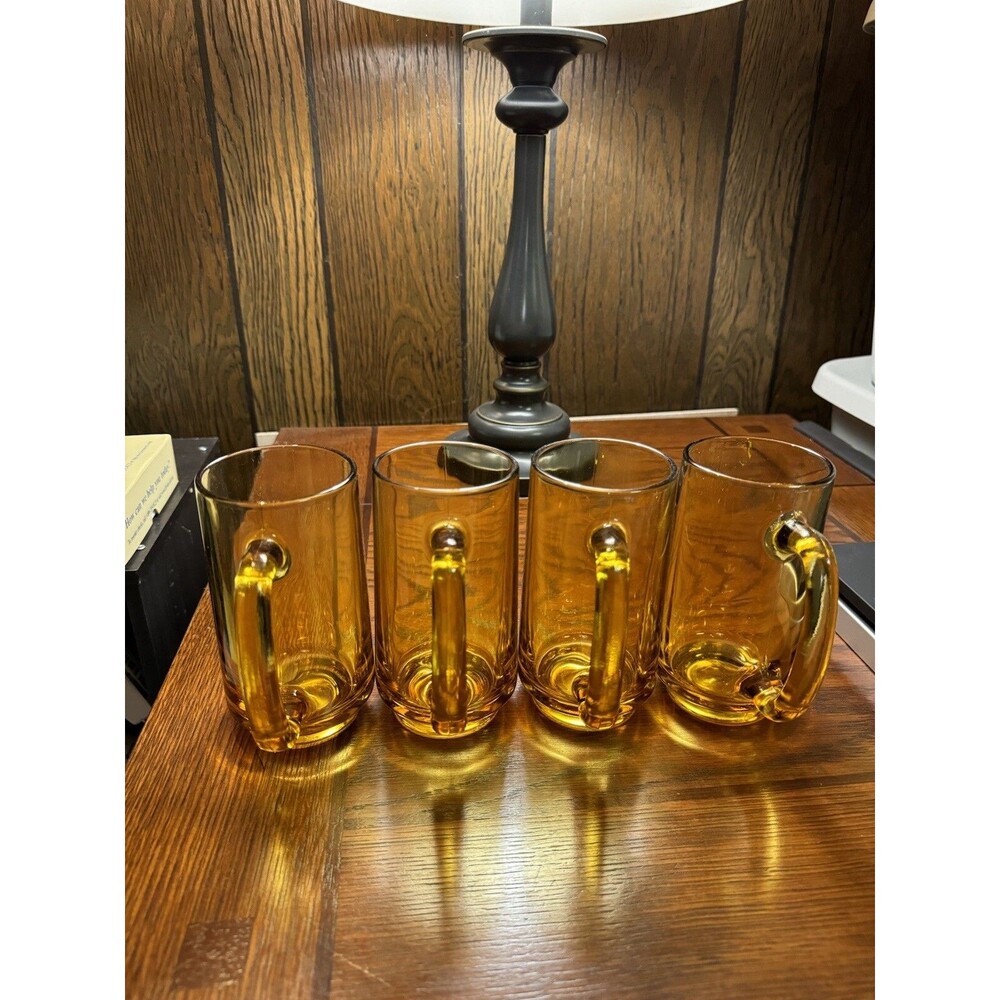 4 Vtg 1950's Hazel Atlas Amber Glass D-Shaped Handle Beer Mug Smooth 5.5”